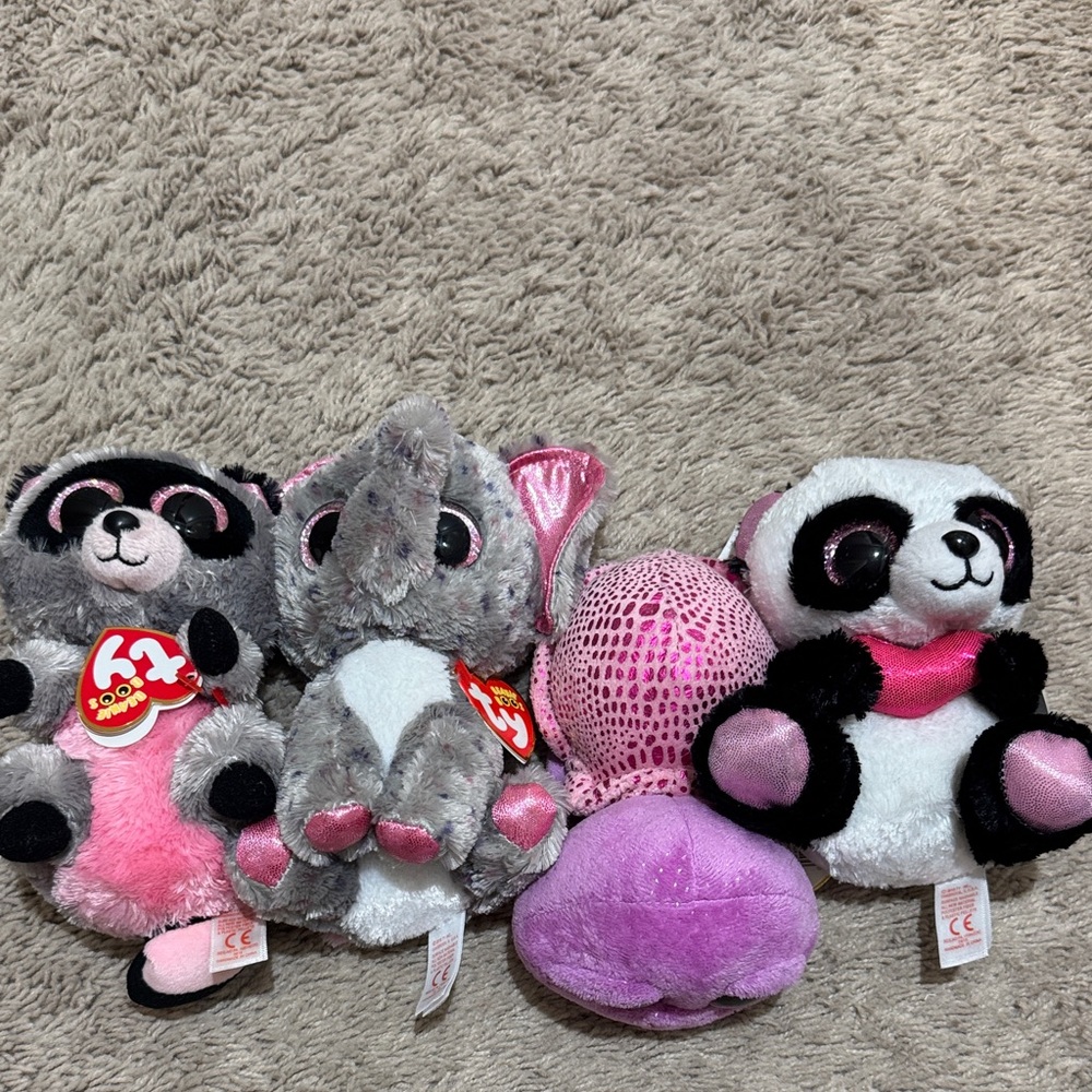 Ty Beanie Buddies Plush Set - Pink, Gray, Purple Panda & Elephant